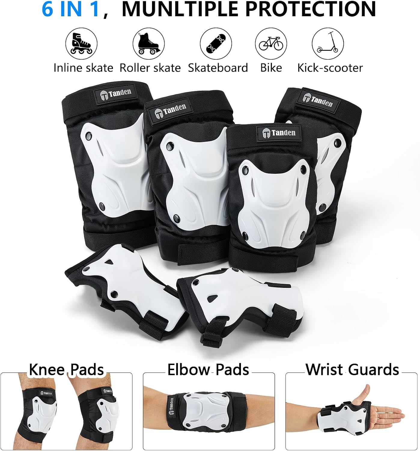 Tanden Skating Protective Gear Knee and Elbow Pads Wrist Guards for Roller Skating Skateboarding, Skate Pads Adult Knee Pads