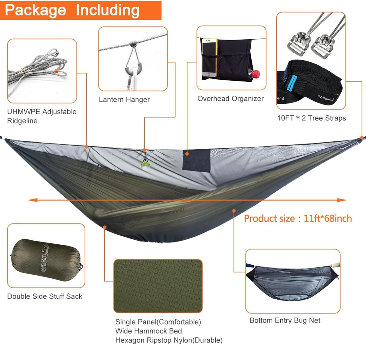 onewind 11ft Camping Double Hammock with Mosquito Net, Ridgeline and Straps