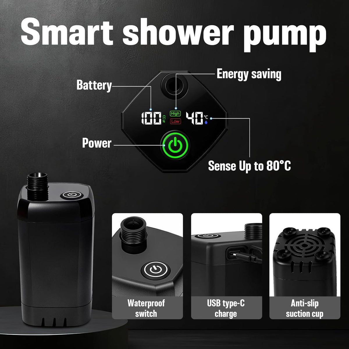 [2026 Upgraded Built-in Water Pump] Rechargeable Filtered Shower Head, Portable Camping Shower with Foldable Bucket, LED Light Camp Shower for Car Wash, Pet Bathing, Outdoor Travel & Watering Plants