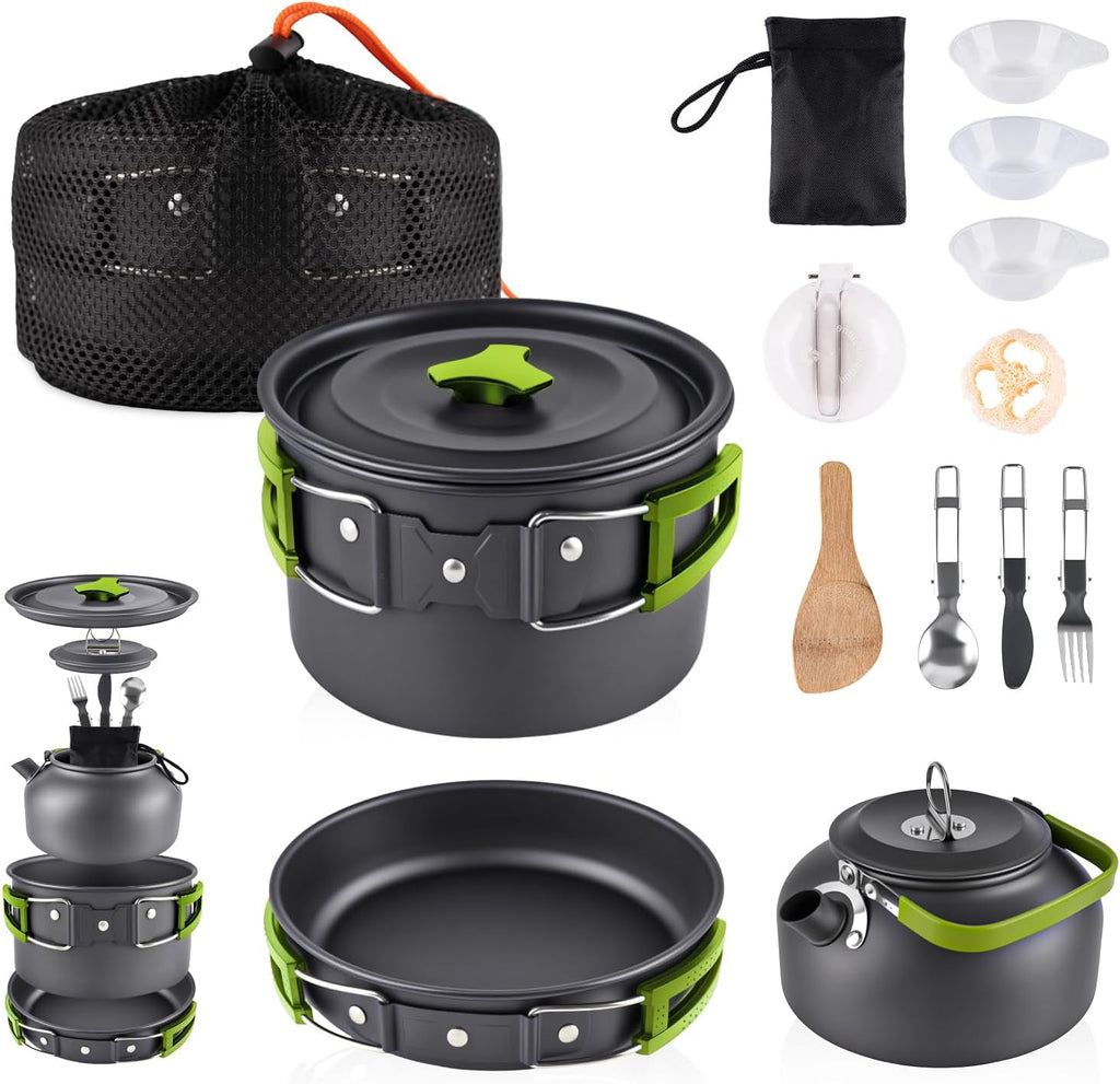 aiGear Camping Cookware with Pot Pan Kettle Cutlery Tableware 1-2 People