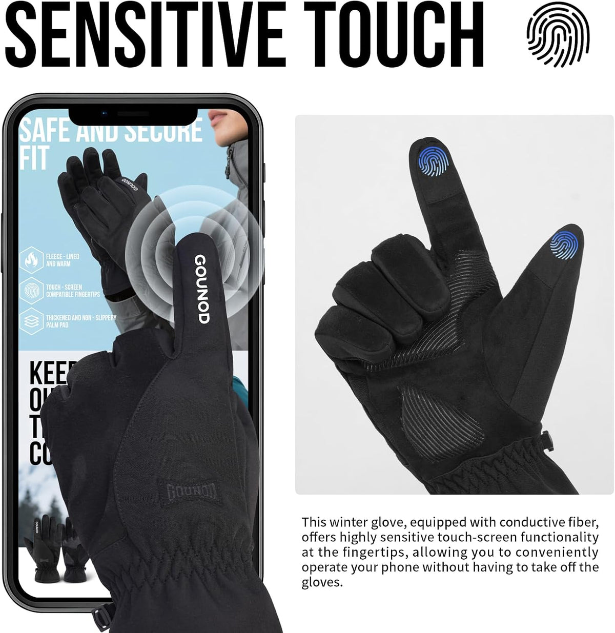 GOUNOD Winter Gloves for Women Men, Thermal Insulated Waterproof Windproof Cold Weather Gloves, Touch Screen Compatible, Non-Slip Grip for Running, Driving, Cycling, Hiking