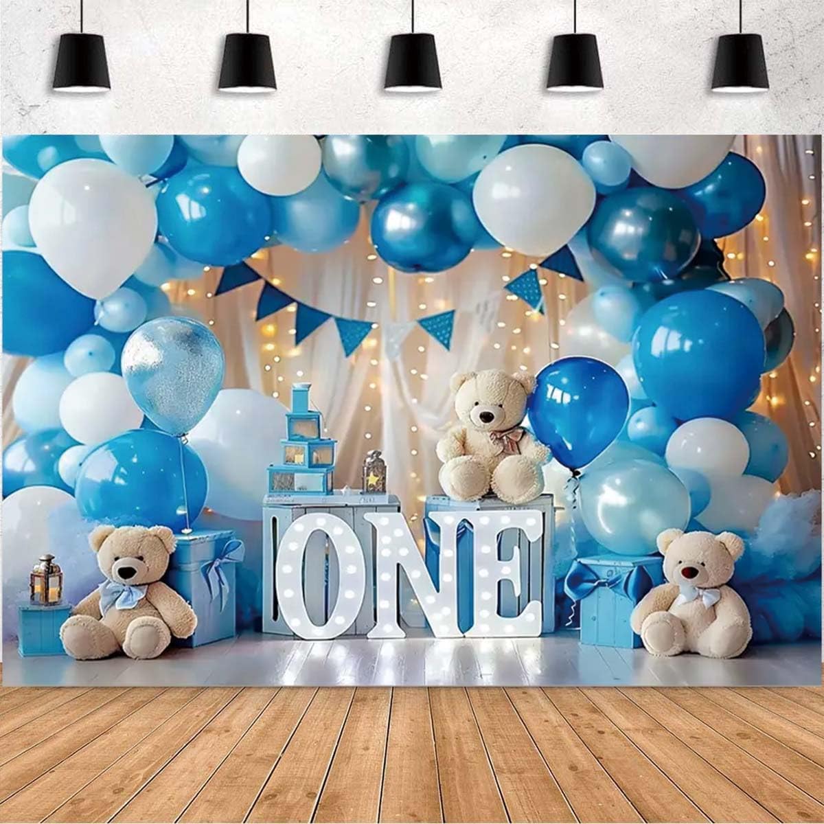 Hot Air Balloon Cloud Star Bear Travel Birthday Backdrop for Photography, Blue-02, 7x5feet, Vinyl Fabric, Baby Shower & Birthday Occasion