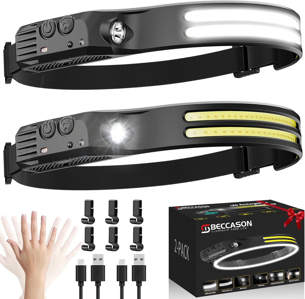 Beccason 3PCS Headlamp Flashlight, 230° Head Lamps LED Rechargeable Camping