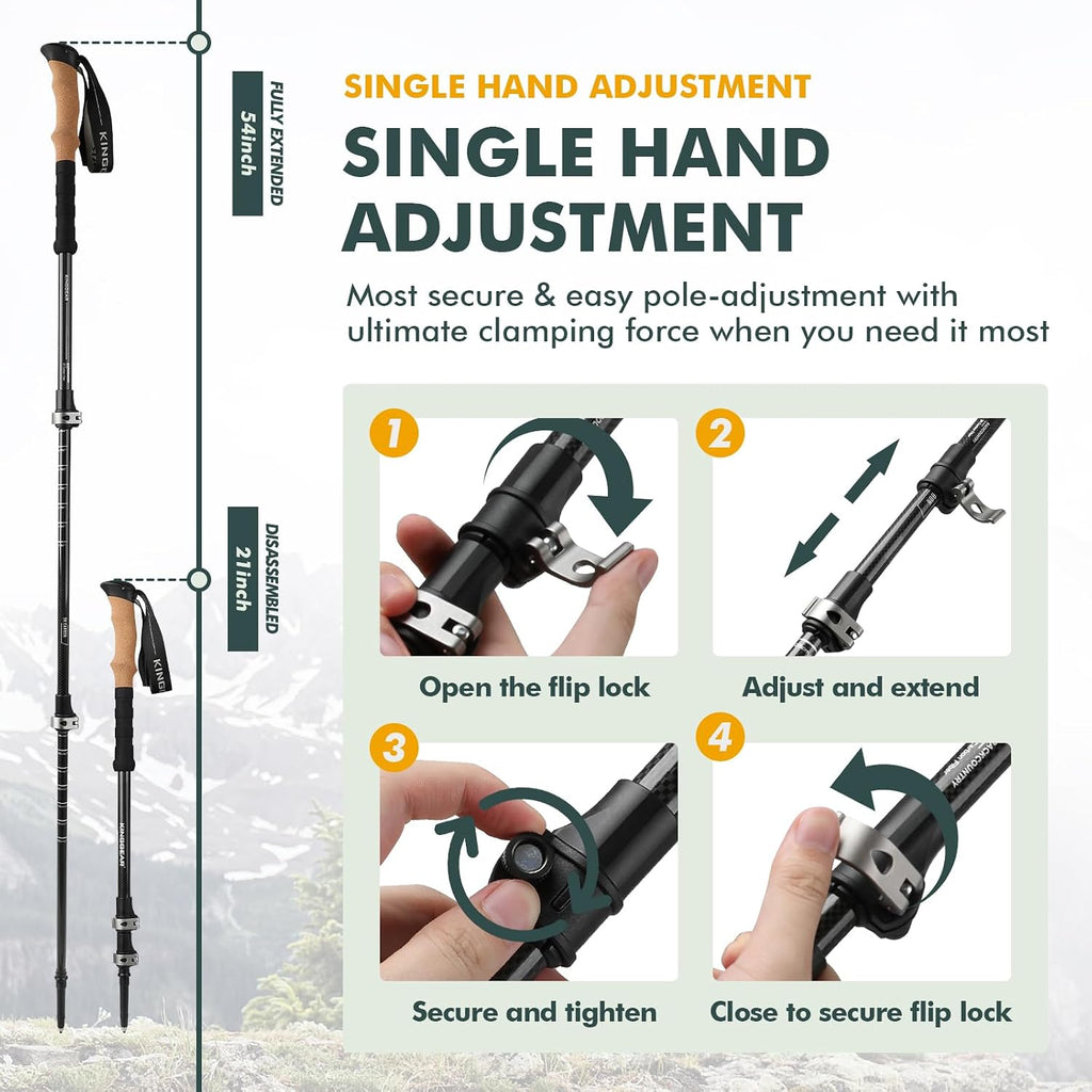 Carbon Fiber Trekking Poles Cork EVA Grip Lightweight | 8.2oz, Telescopic 90-135cm, Metal flip Locks, for Hiking, with Snow/mud/Rubber Tips & Bag