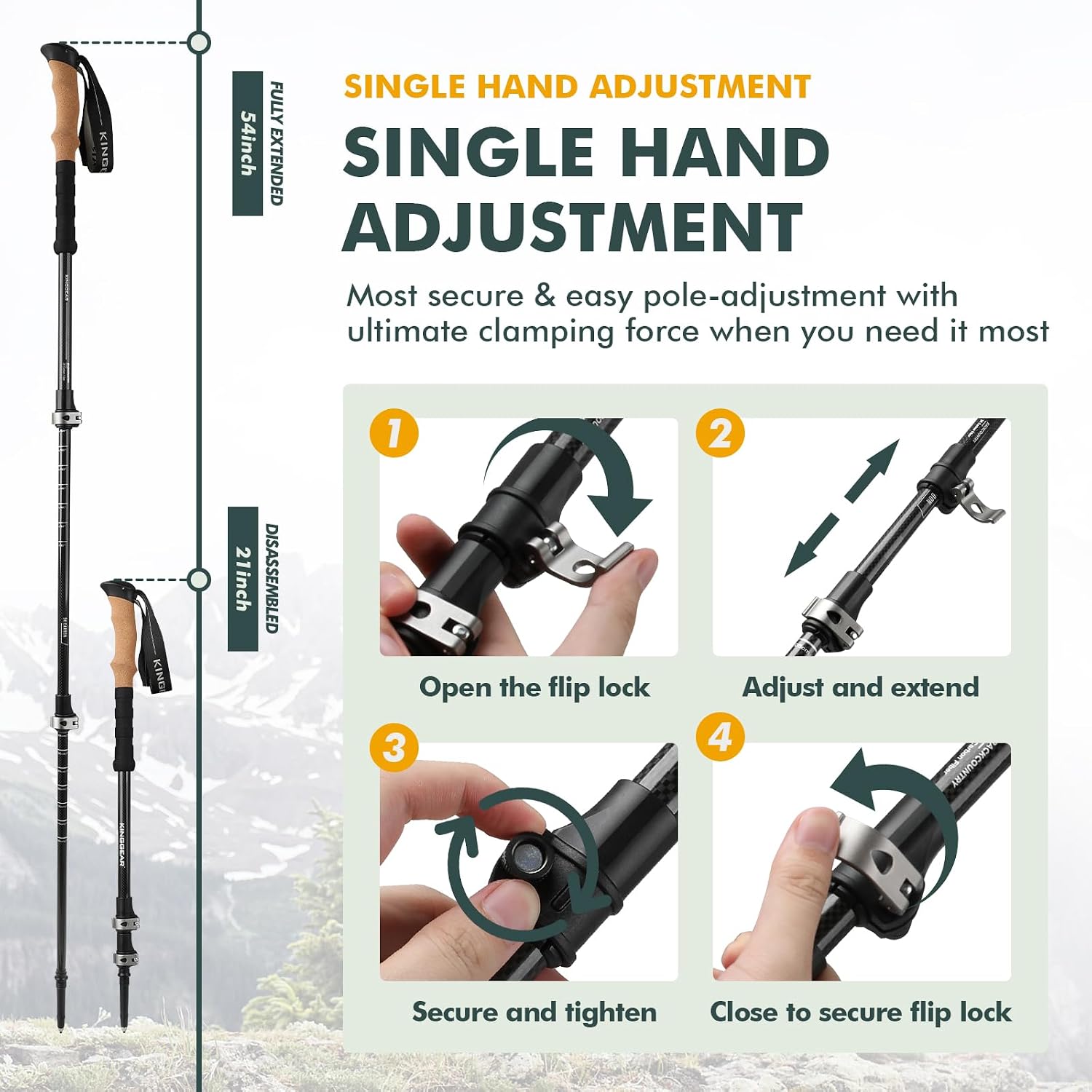 Carbon Fiber Trekking Poles Cork EVA Grip Lightweight | 8.2oz, Telescopic 90-135cm, Metal flip Locks, for Hiking, with Snow/mud/Rubber Tips & Bag