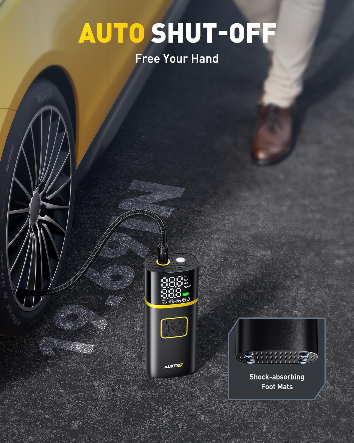 AUXITO Tire Inflator Portable Air Compressor - 150PSI Bike Pump 1Min Fast Inflate with Tire Pressure Gauge, 5200 mAh, LED Light, Car Accessories Air Pump for Auto, Moto, Bike Car Gifts for Men