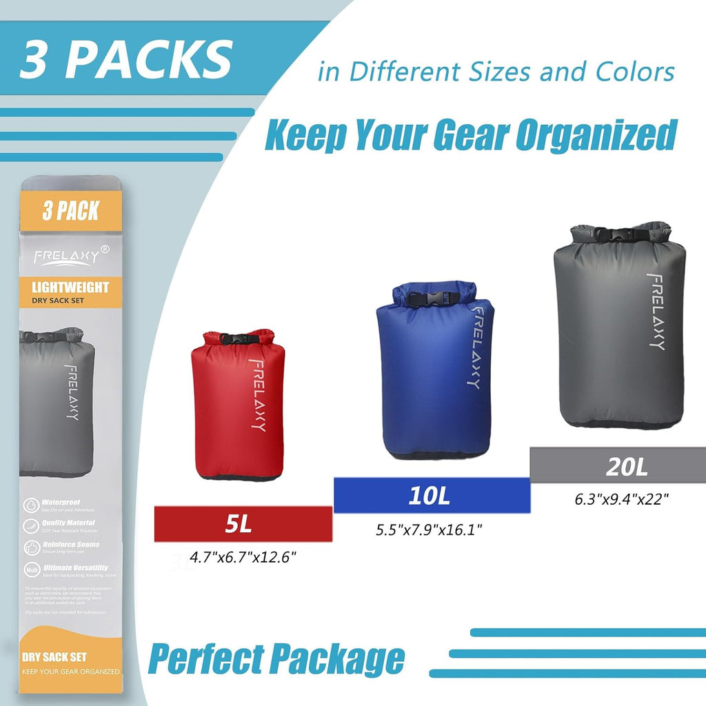 Frelaxy Dry Bag 3 Pack, Ultralight Waterproof Dry Sack for Outdoor Use