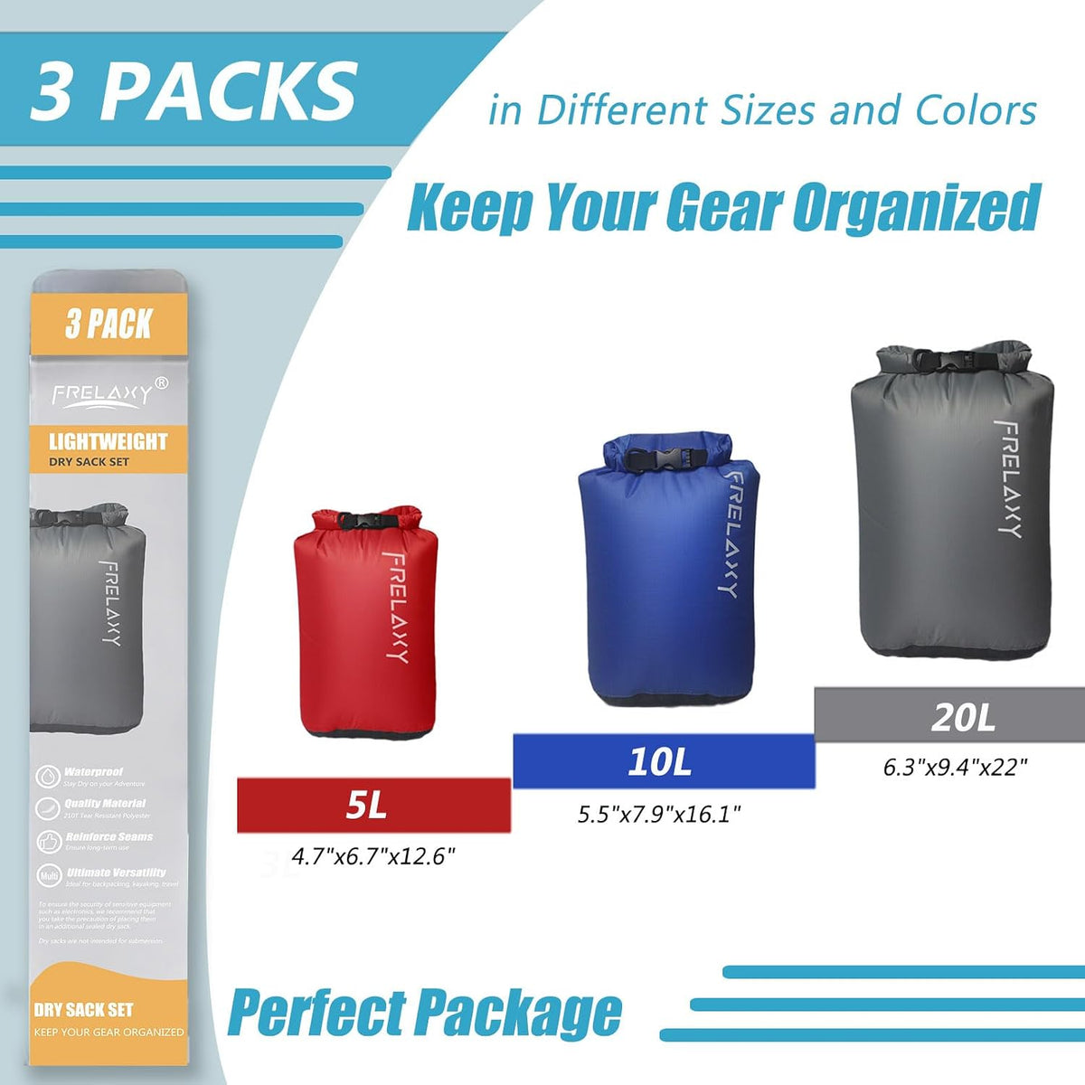 Frelaxy Dry Bag 3 Pack, Ultralight Waterproof Dry Sack for Outdoor Use