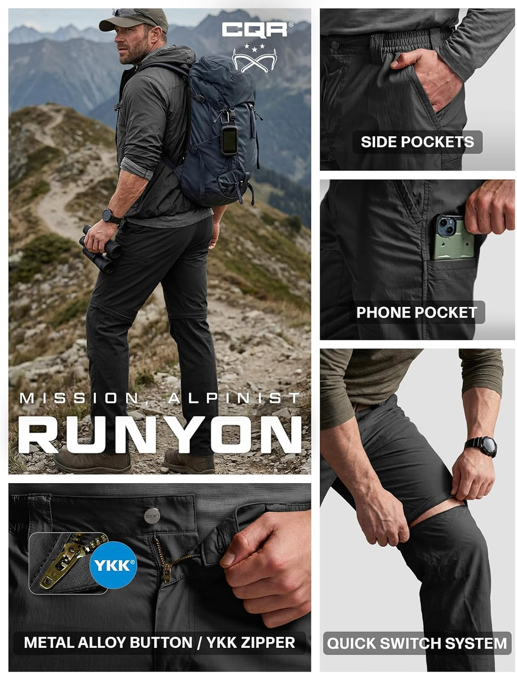 CQR Men's Convertible Cargo Tactical Pants, Water Resistant Outdoor Hiking Pants, Zip Off Lightweight Stretch Work Pants