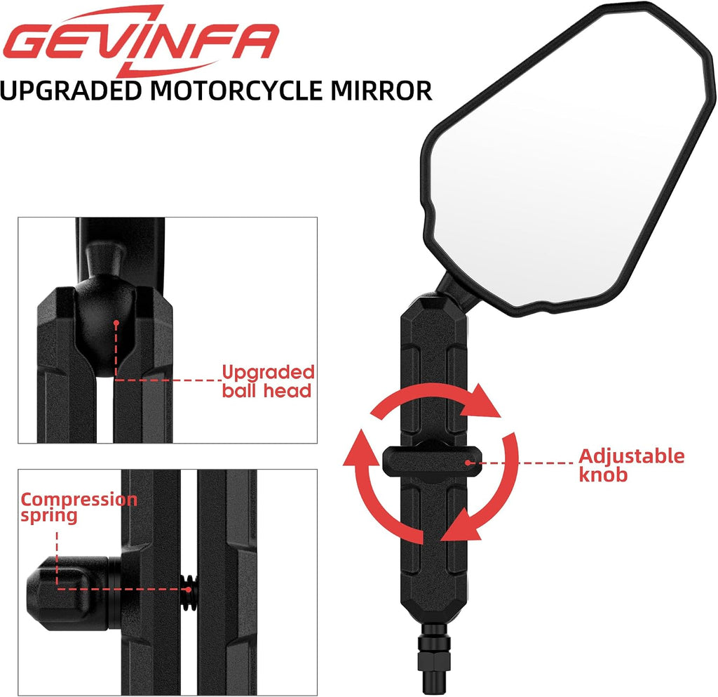 Upgraded Adventure Motorcycle Mirrors, Ball-Head ATV Rear View Mirror No Vibration & Wobble With 8/10MM Screw and 7/8" Handlebar Aluminum Mount Compatible with ATV Dirt Bike and More
