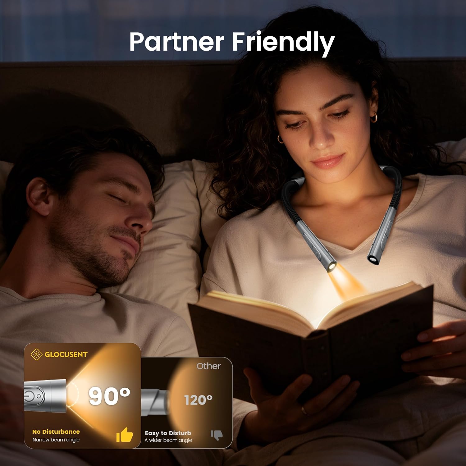 Glocusent Upgraded Neck Light,100Hrs Slimmer Reading Light for Books in Bed