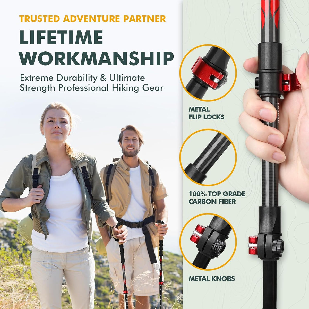 Carbon Fiber Trekking Poles Cork EVA Grip Lightweight | 8.2oz, Telescopic 90-135cm, Metal flip Locks, for Hiking, with Snow/mud/Rubber Tips & Bag