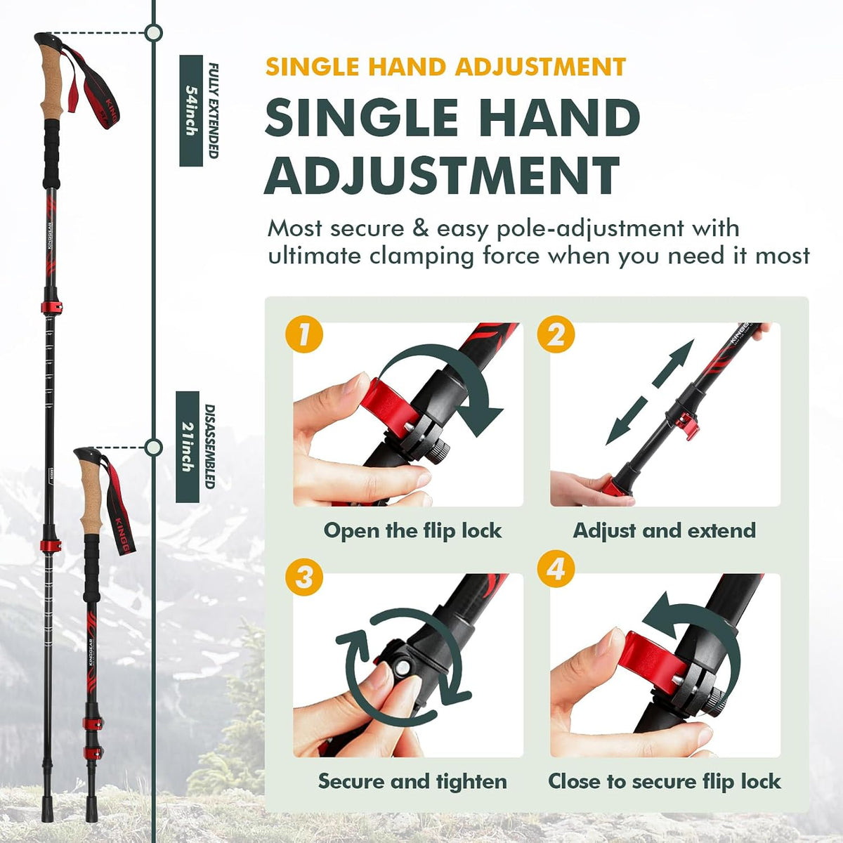 Carbon Fiber Trekking Poles Cork EVA Grip Lightweight | 8.2oz, Telescopic 90-135cm, Metal flip Locks, for Hiking, with Snow/mud/Rubber Tips & Bag