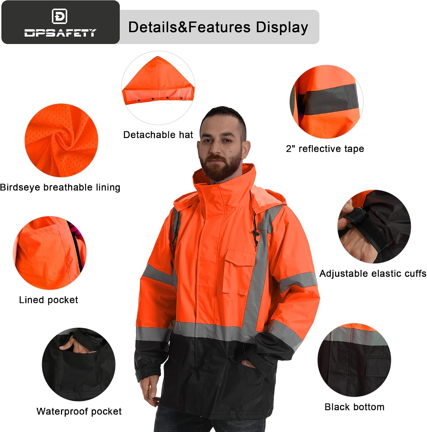 Reflective Rain jackets for men waterproof,Hi Vis Safety Coat With Reflective Strips，High Visibility Class 3 Rain jackets With 2 large pockets，Zipper,Black Bottom Orange,2XL/3XL
