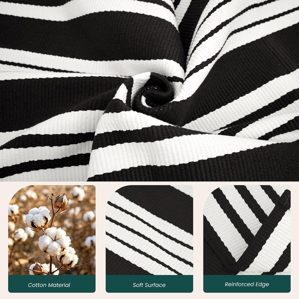 KOZYFLY 3'x5' Striped Area Rug, Black and White Woven Cotton Outdoor Rug