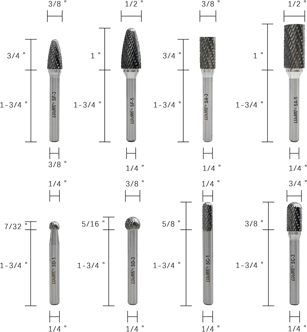 LU&MN Tungsten Carbide Burr Set, 1/4" Shank, 8 Pcs