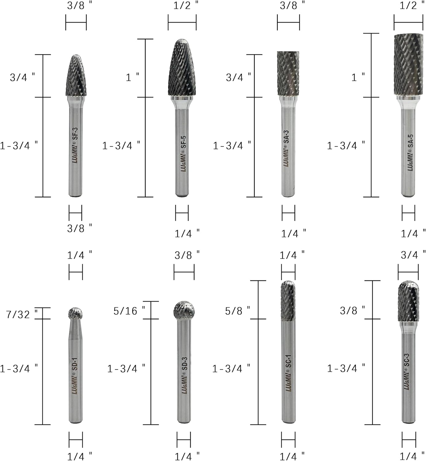 LU&MN Tungsten Carbide Burr Set, 1/4" Shank, 8 Pcs