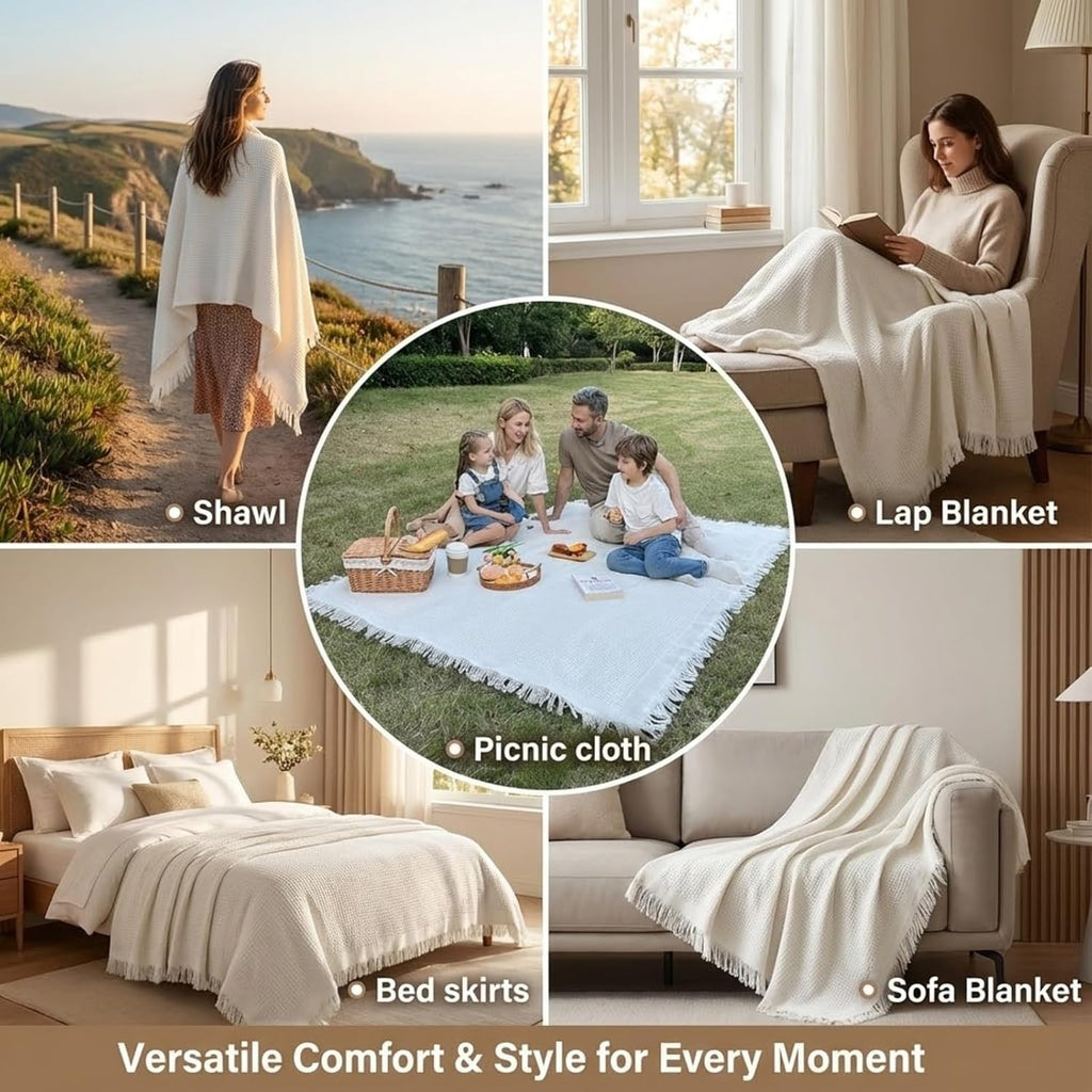 White Picnic Blanket, Extra Large Soft Cotton Gauze Picnic Rug 71"x71", Lightweight Breathable Blanket, Machine Washable for Beach, Camping, Park, Couples (Purr Petals)