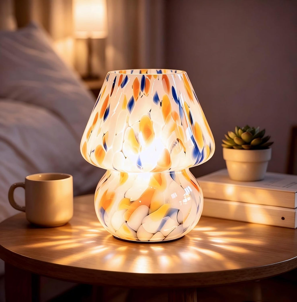 ULAROOM Battery Operated Mushroom Lamp - Vintage Small Table Lamp with Timer, Cordless Bedside Nightstand Lamp, Glass Battery Powered Lamp for Bedroom Kitchen Living Room Shelf Decor Aesthetic Amber
