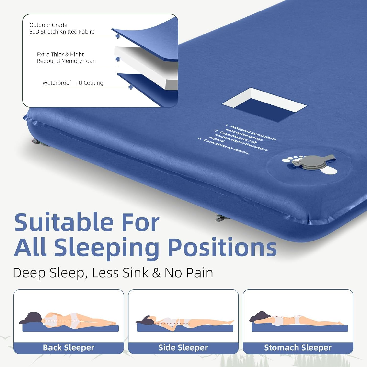 Wevelel Memory Sleeping Pad, 3.1" Ultra-Thick Foam Sleeping Mats for Camping, Easy Inflate&Deflate,9.5 R-Value Insulated Camping Mattress Pad with Pillow, for Car Travel Tent