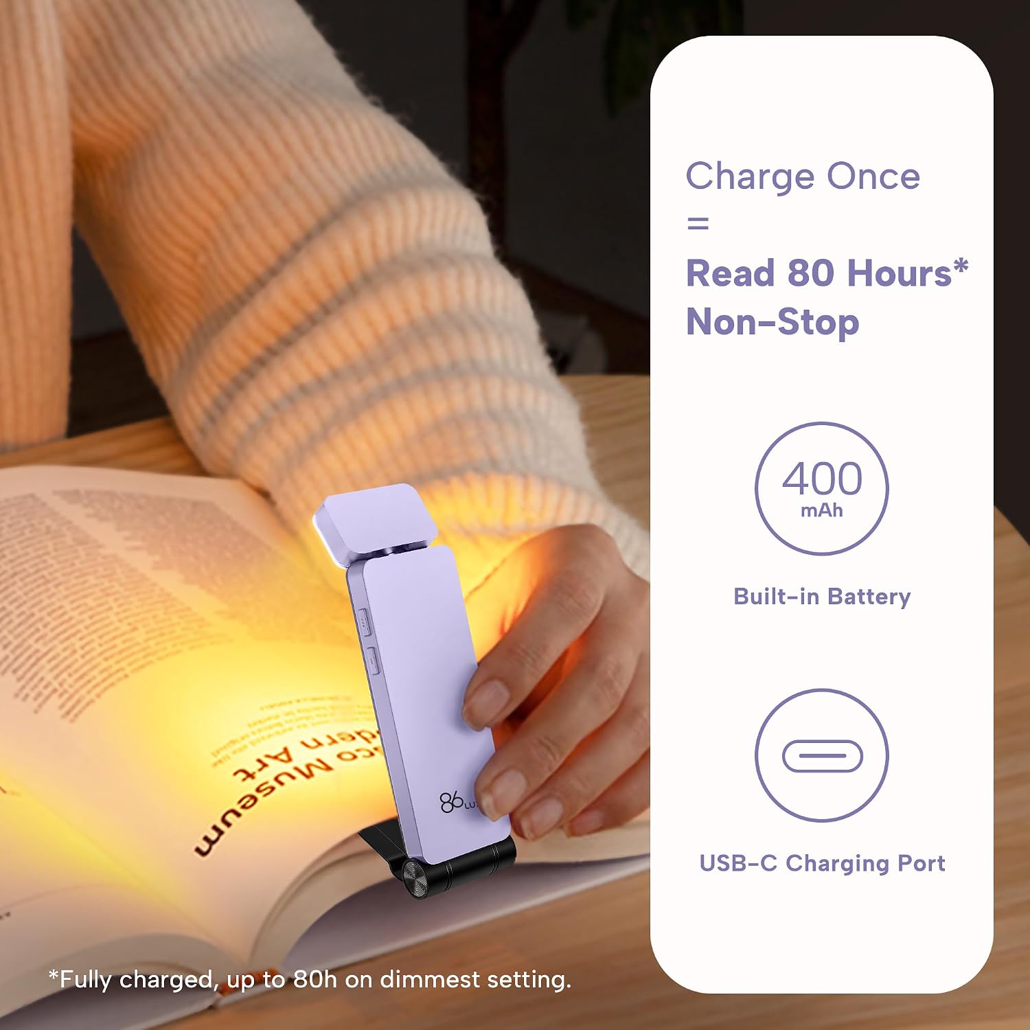 86lux Book Light, Rechargeable Reading Lights for Books in Bed