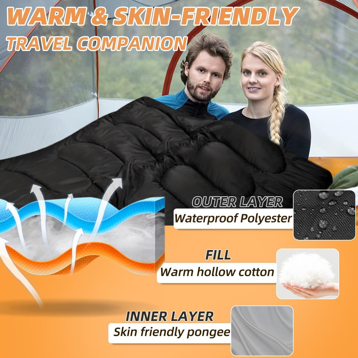 Double Sleeping Bags for Adults, 2 Person Camping Sleeping Bag for Cold & Warm Weather