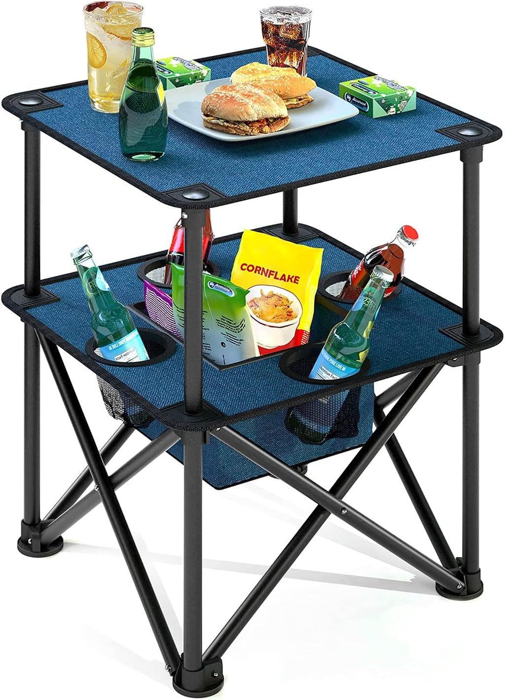 Folding Camping Table, Portable Outdoor Picnic Table, Lightweight Square Camp Table with Built-in 4 Cup Holders Food Basket and Travel Bag for Barbeque Beach Camping and Tailgate Blue