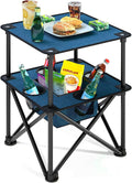 Folding Camping Table, Portable Outdoor Picnic Table, Lightweight Square Camp Table with Built-in 4 Cup Holders Food Basket and Travel Bag for Barbeque Beach Camping and Tailgate Blue