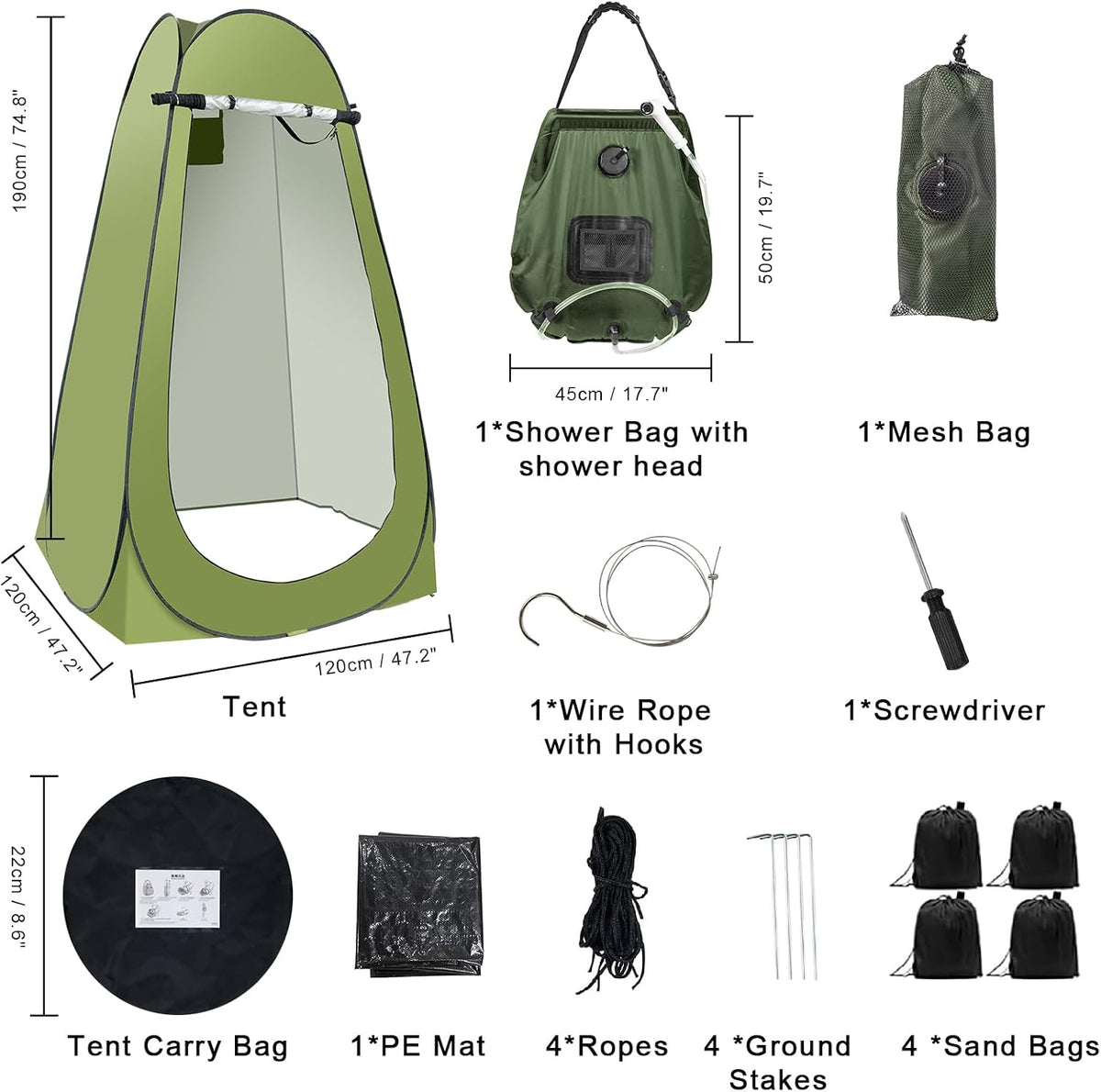 Portable Camping Shower Tent,Shower Tent Kit, Outdoor Pop Up Privacy Tent,Changing Tent with 5 Gallon Shower Bag-(Nozzle Upgraded)