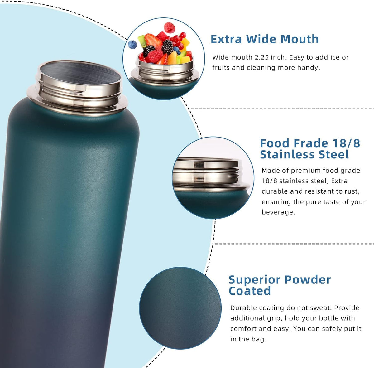 Volhoply 32 oz Insulated Water Bottle with Straw Lid and Spout Lid,Stainless Steel Sports Water Bottle,Double Wall Vacuum Cups,Leakproof Metal Flask with Wide Mouth for Hiking,Camping(Dark Night,1)