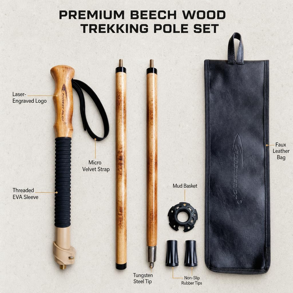 FOREST PILOT Trekking Poles- 1-pc Pack - Adjustable Hiking or Walking Stick –Strong, Natural Beech Wood - Quick Adjust Flip-Lock - Beech Wood Grip, Leather Strap
