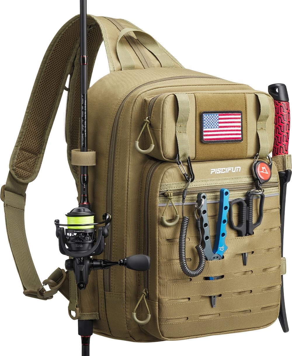 Piscifun Fishing Backpack Tackle Bag with 2 Rod Holders, Multi-Compartment Storage, MOLLE System, Water-Resistant Lightweight Outdoor Pack,Double Shoulder Khaki Large