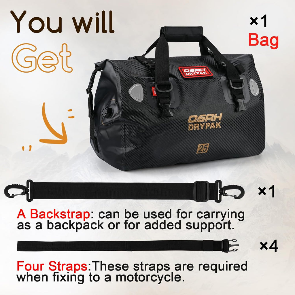 OSAH DRYPAK Waterproof Duffel Bag - Motorcycle Dry Bag Tail Bag with Large Storage Space, Waterproof Luggage Duffle Bags with Outer Mesh Zipper Pocket for Camping, Kayaking, Fishing & Traveling