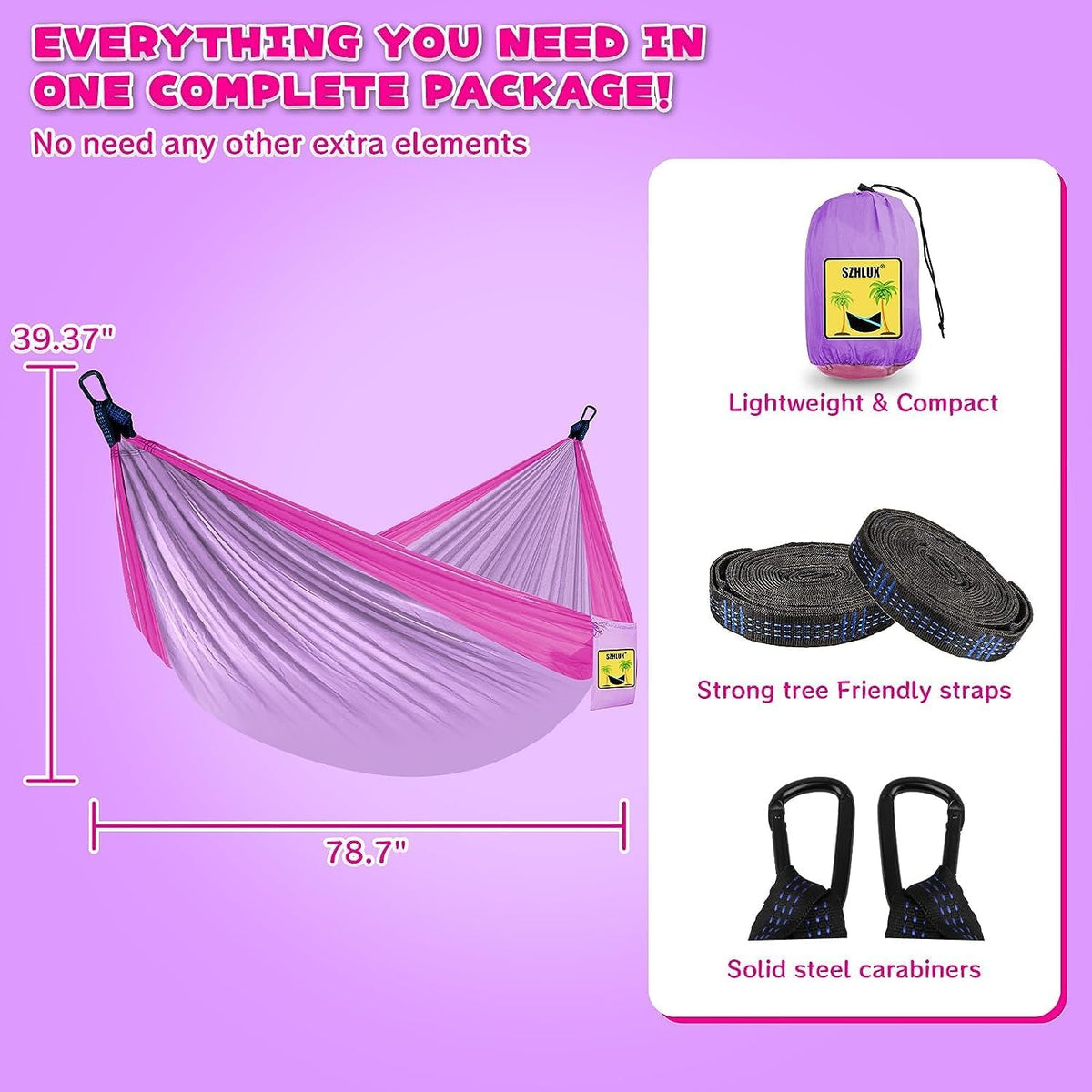 SZHLUX Kids Hammock - Kids Camping Gear, Camping Accessories with 2 Tree Straps and Carabiners for Indoor/Outdoor Use, Pink & Light Purple