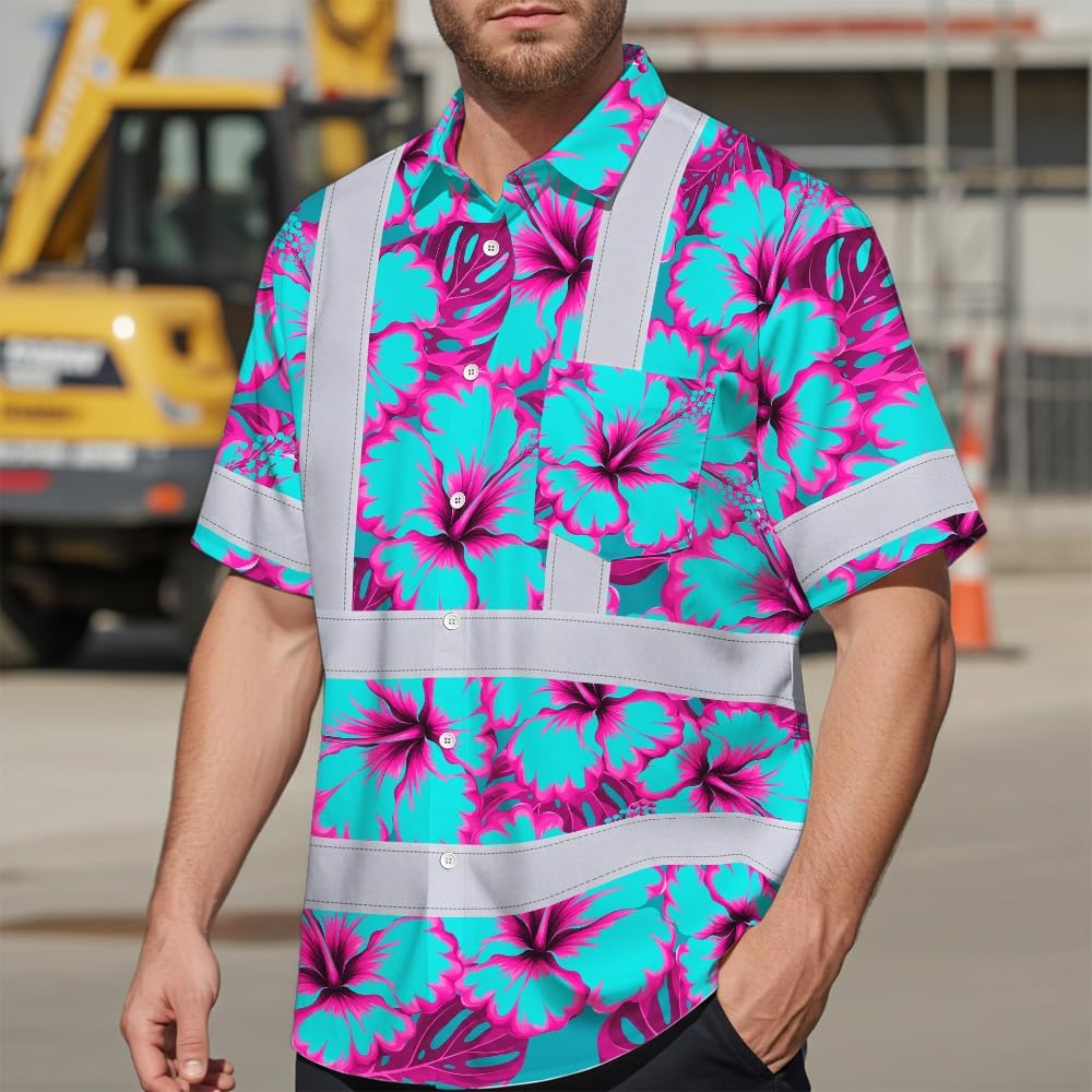 High Visibility Hawaiian Shirt for Men Tropical Shirts Custom Name Floral Outfit Reflective Safety Workwear