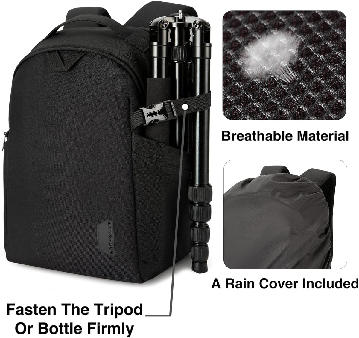 BAGSMART Small Camera Bag Backpack, DSLR SLR Camera Case Fits 13.3 Inch Laptop, Waterproof Photography Backpacks with Rain Cover Tripod Holder for Women Men, Black