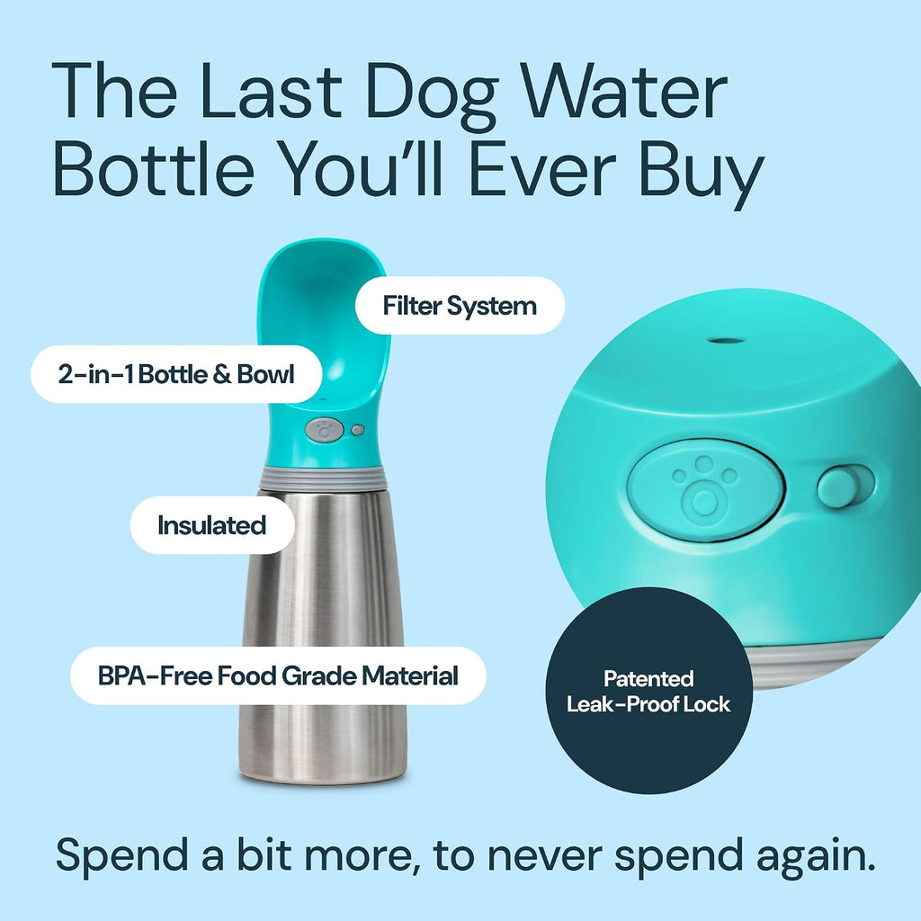 MalsiPree Insulated Dog Water Bottle - 24 oz Blue, Stainless Steel