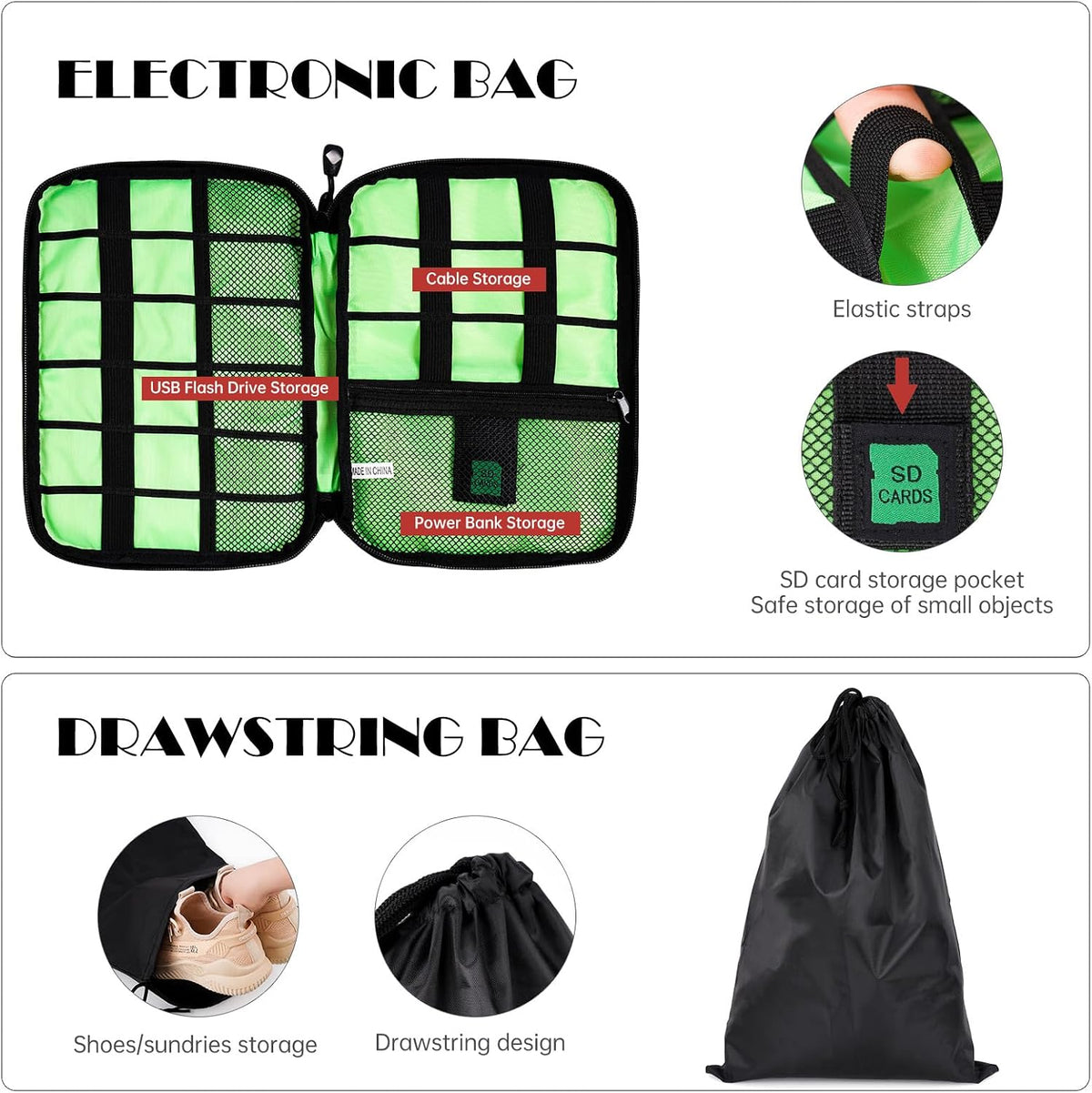NiHome 7PCS Compression Packing Cube Set Expandable Mesh Travel Bag Luggage Organizers with Electronic Cable Cord Charger Organizer Drawstring Bag (Red)