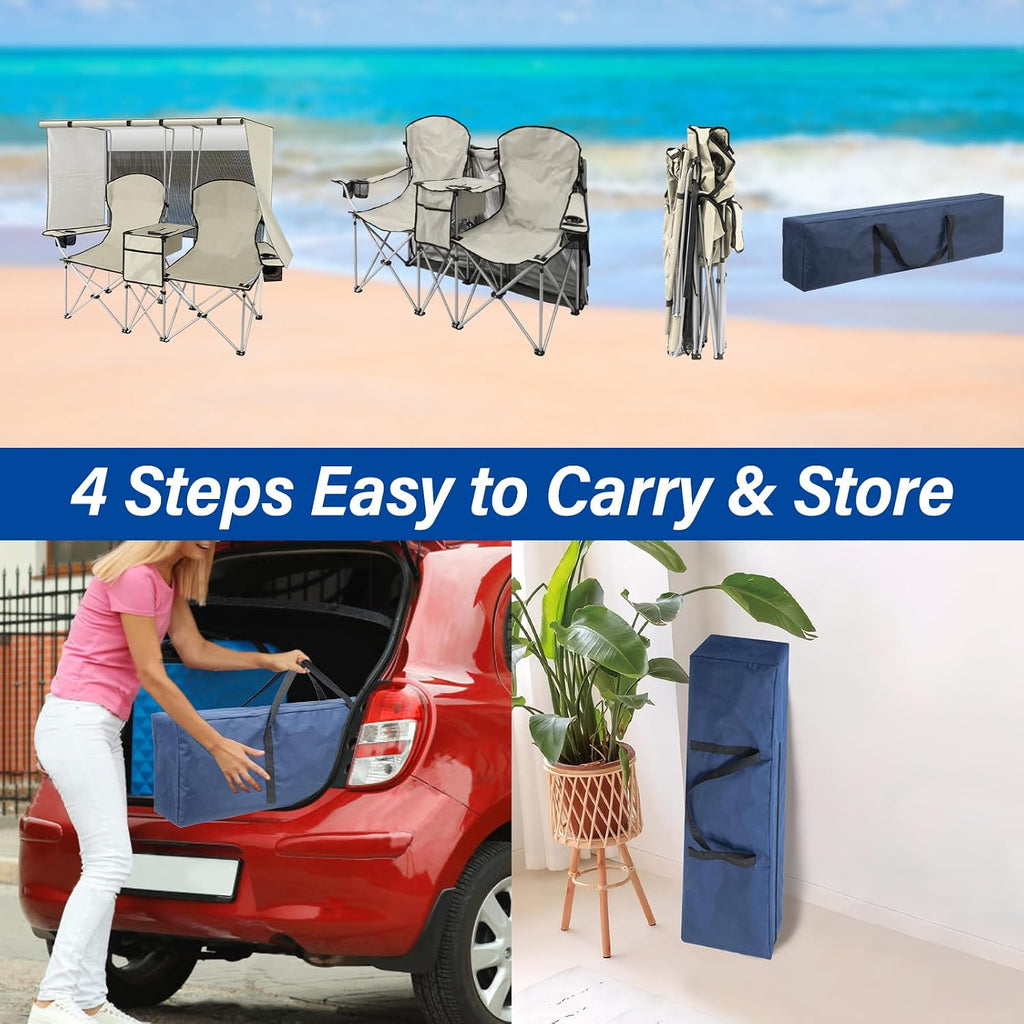 Double Beach Chair with Canopy Shade,Heavy Duty Camping Chair for Aduls,Folding Beach Chair with Cup Holder Cooler Bag for Sports Beach Outside（White）