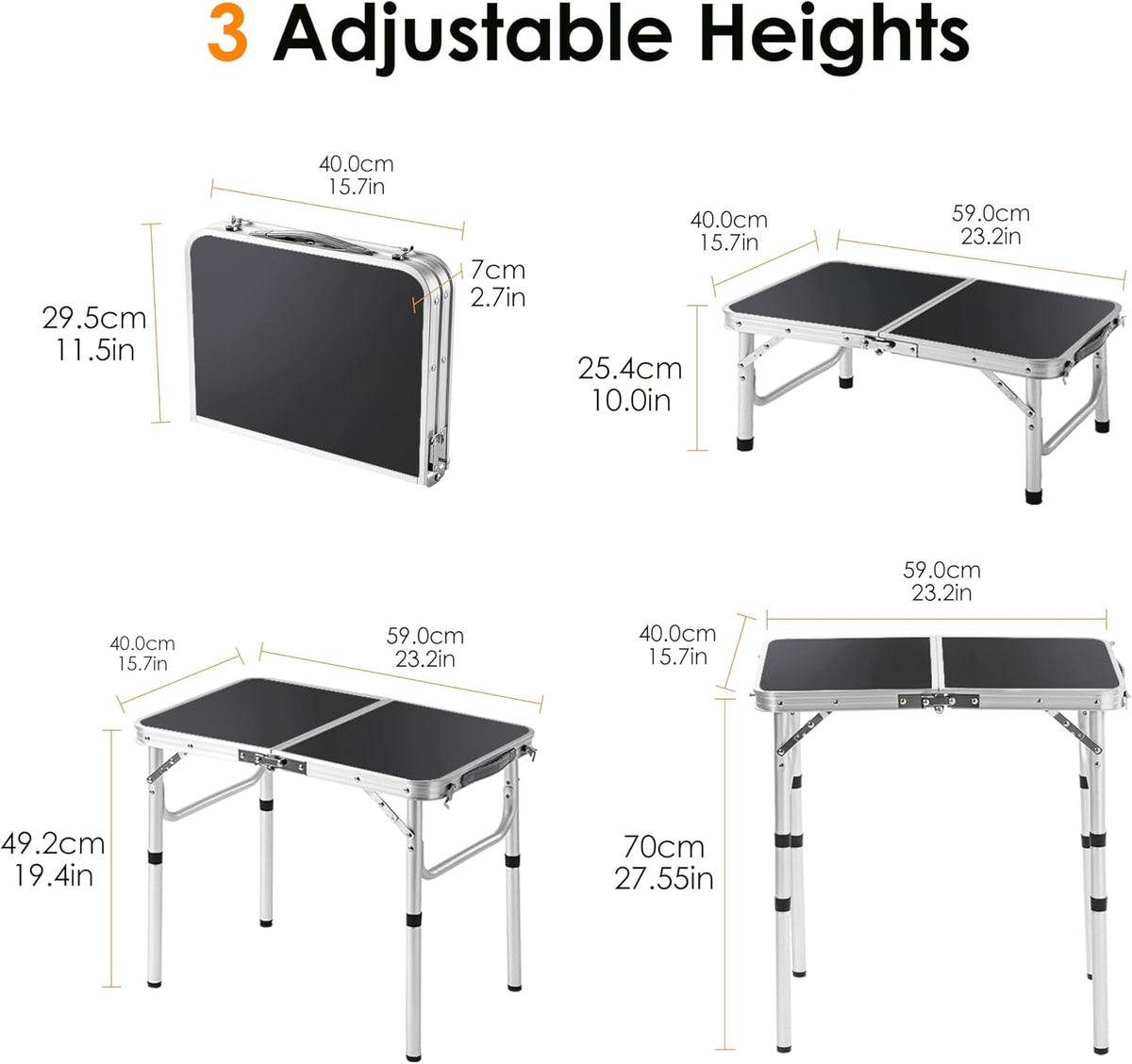 Folding Picnic Table 2ft Portable Camping Table Adjustable Heights, Black