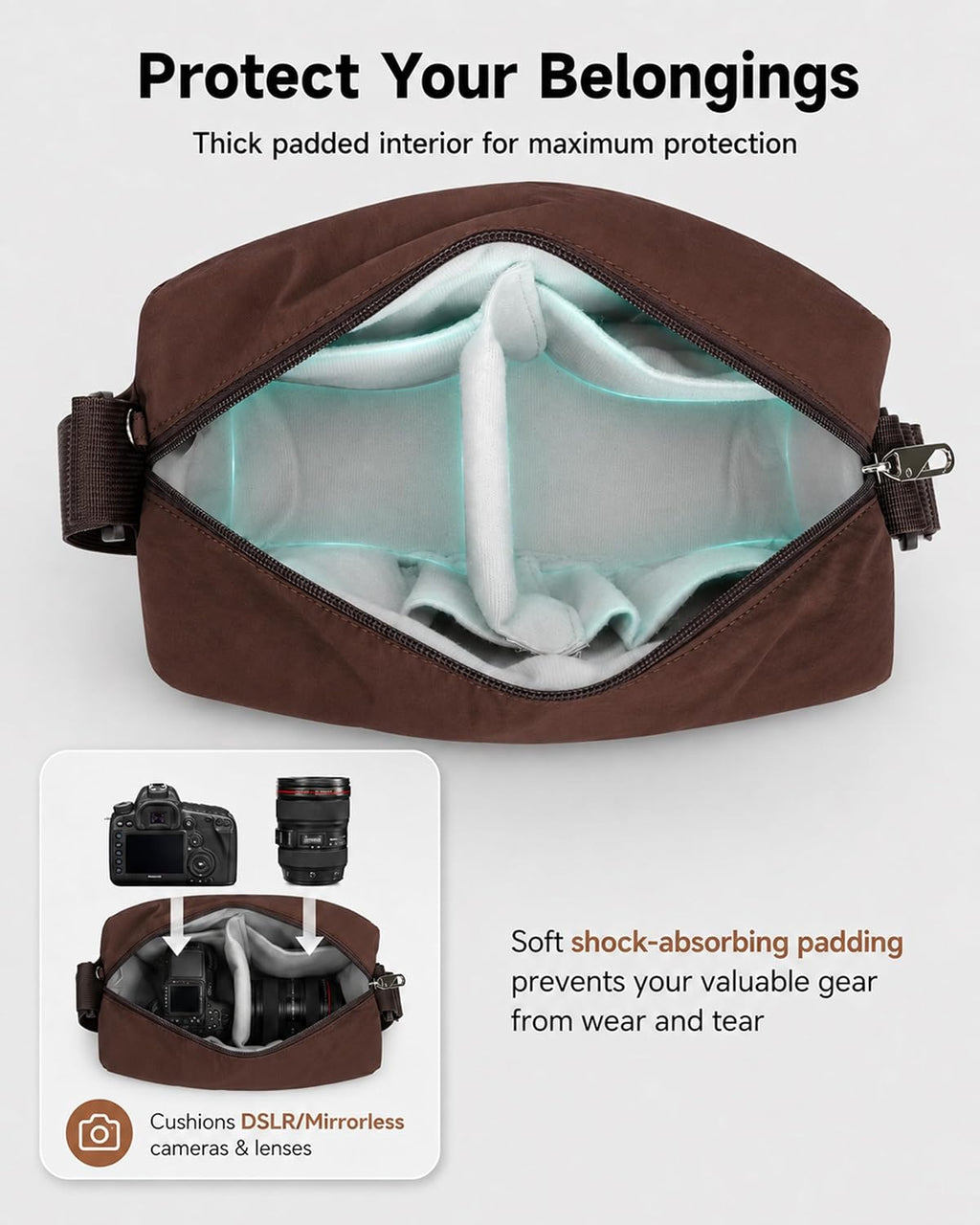 FHELAD Small Crossbody Bag for Women, Compact Puffer Camera Bag With Padded and Theft Zipper for Photographer, Travel (Coffee)