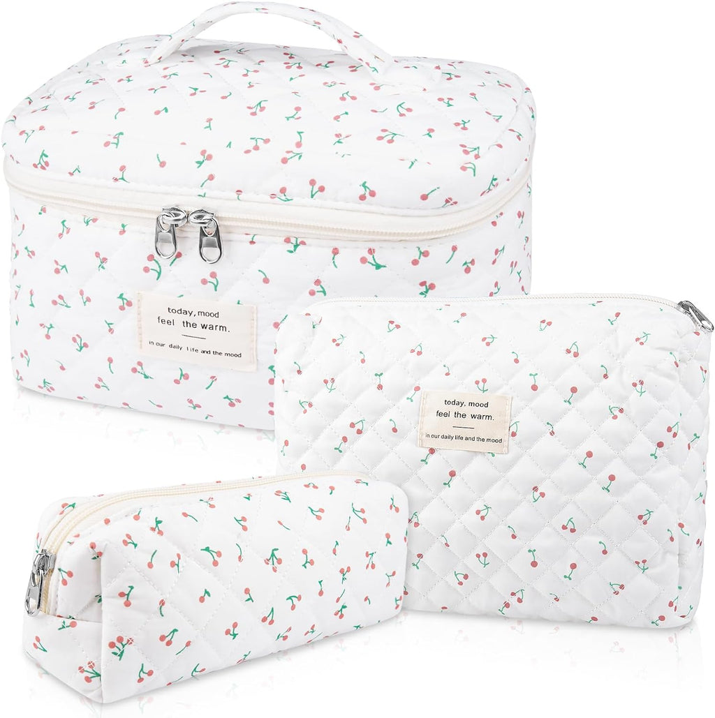 Gosect Large Makeup Bag Set, Quilted Makeup Bag, Floral Cosmetic Bag for Women, Cute Cotton Makeup Bags, Flower Travel Toiletry Organizer Bag (white)