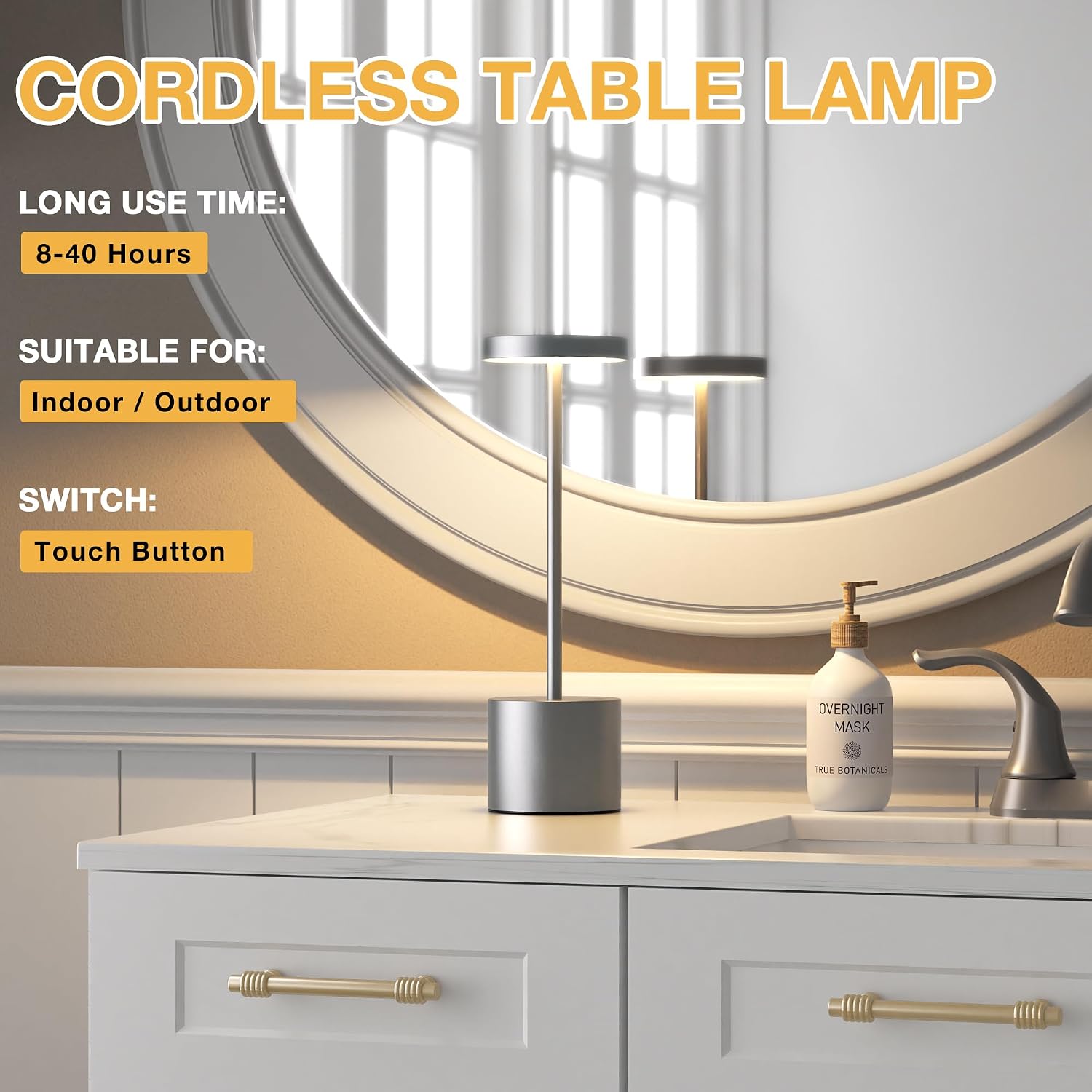 Kakanuo Grey Rechargeable Cordless Lamp - Touch Control, 3 Color Temperature, Wireless Battery Operated Lamps, Stepless Dimmable, Set of 2