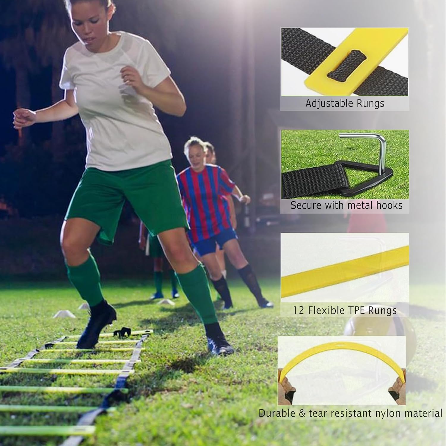 Vztipki Speed & Agility Training Equipment-20ft Agility Ladder, 6 Poles, 12 Soccer Cones, Resistance Parachute, Jump Rope, Soccer Football Basketball Sport Training Set for Kids Youth Adults