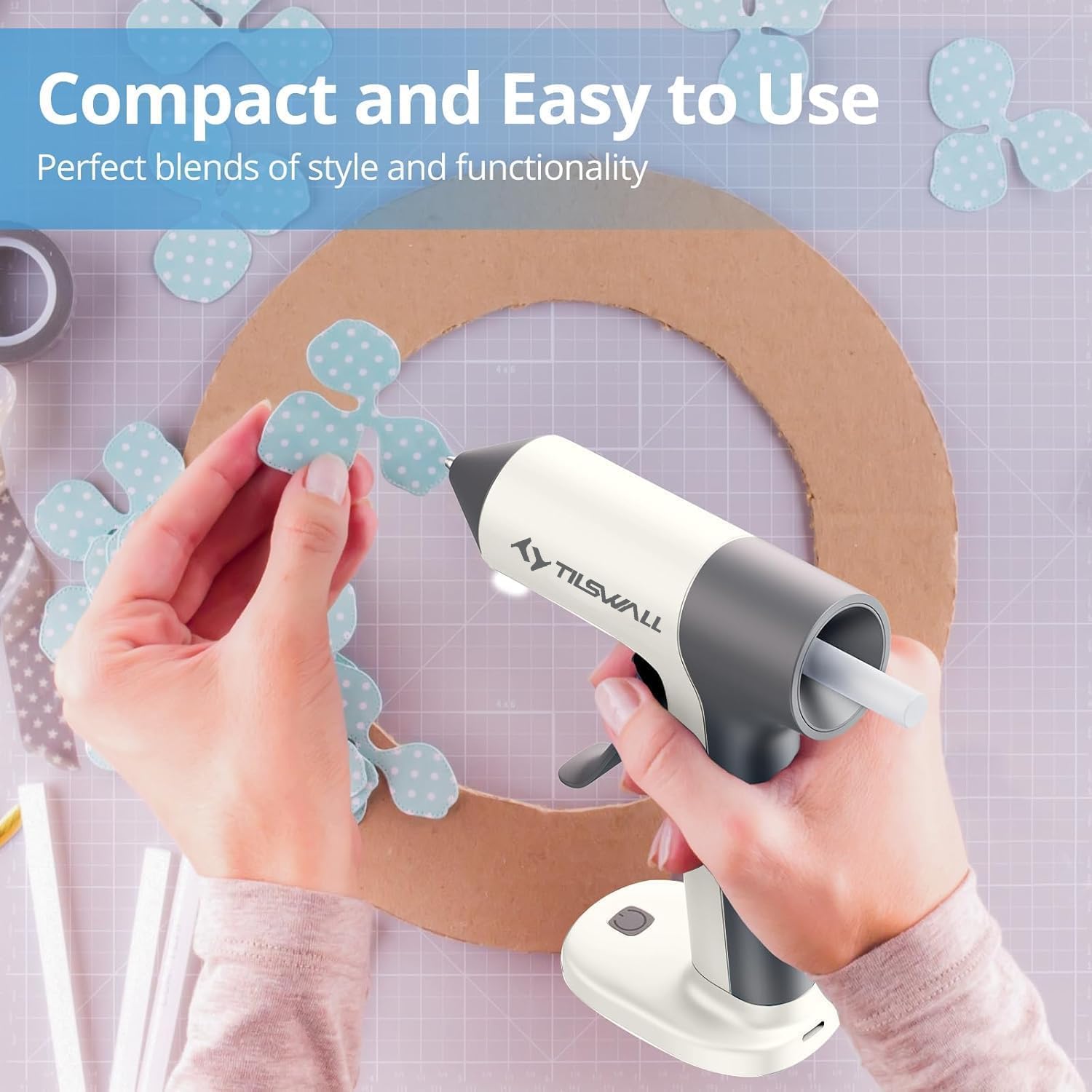 Tilswall Cordless Hot Glue Gun W106 with 30s Fast Preheating White