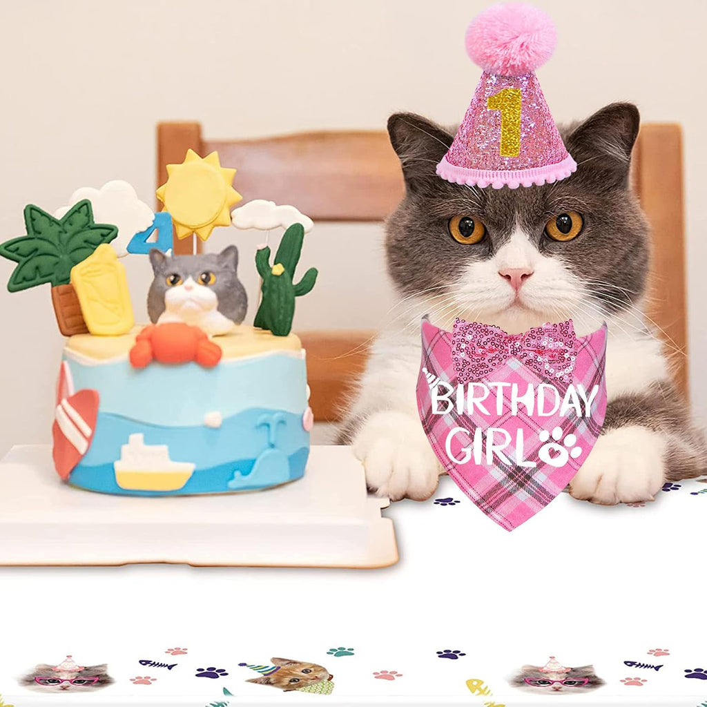STMK Cat Birthday Party Supplies, Cat Birthday Hat with Number Cat Birthday Bandana Girl Bow Tie Collar for Cats Kittens Birthday Decorations