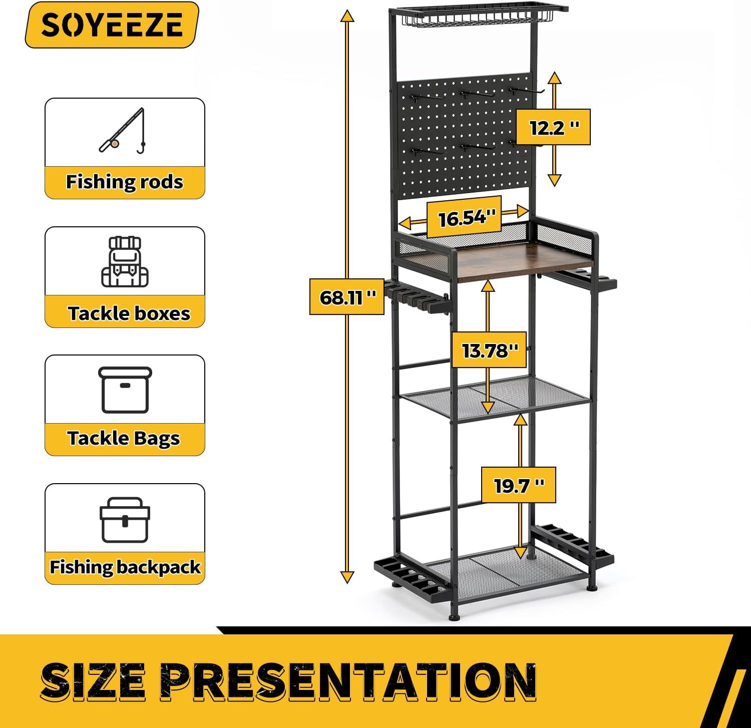 SOYEEZE Fishing Rod Holders for Garage,Fishing Gear Holder for Fishing Rod Tackle Box Storage，Fishing Pole Holders for 12 Rods with Hooks and Pegboard,Fishing Stand with Reel Rack, Standard Size