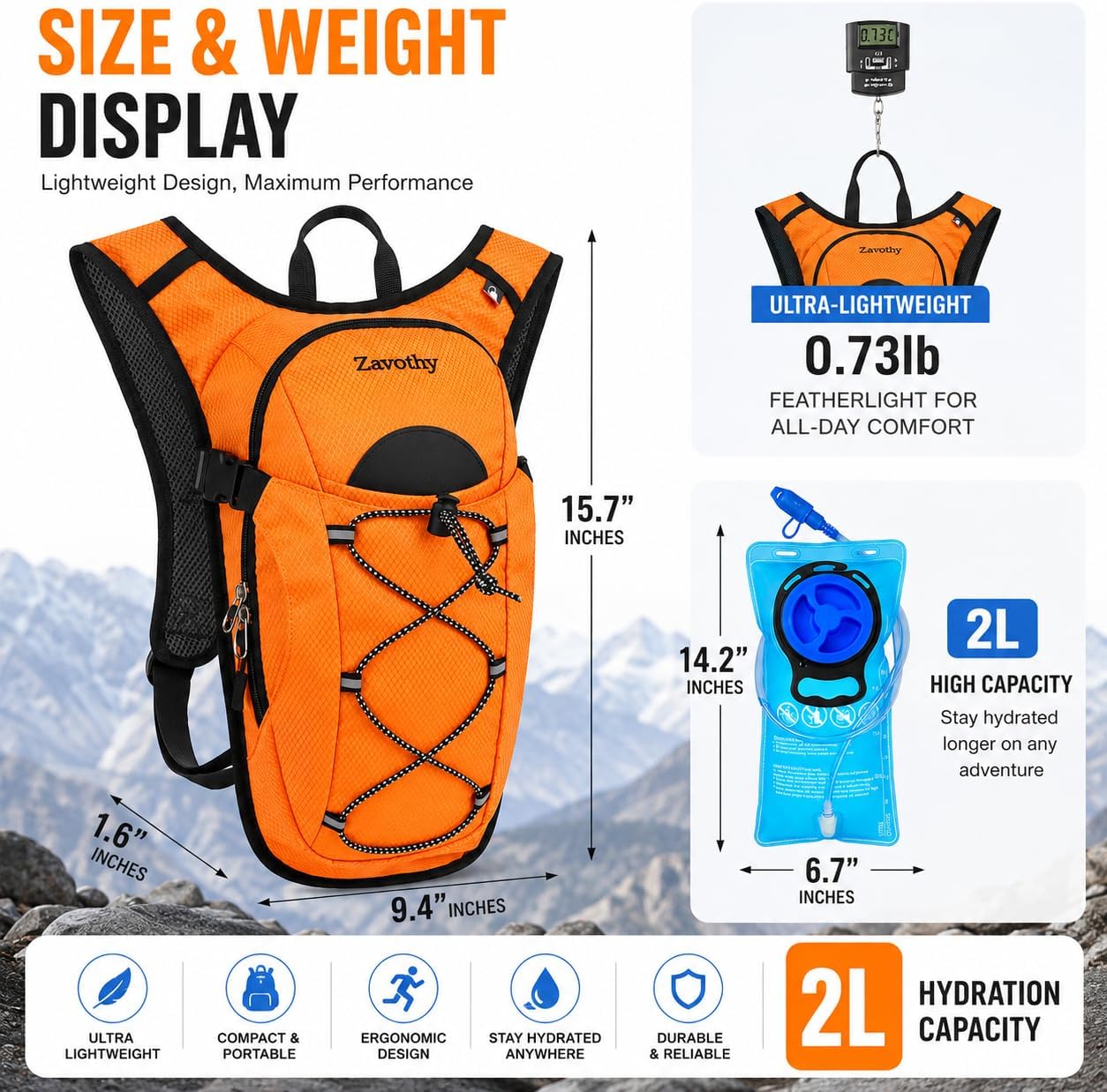 Zavothy Hydration Backpack with 2L Hydration Bladder Water Backpack for Hiking Hydration Pack for Running Cycling Hiking