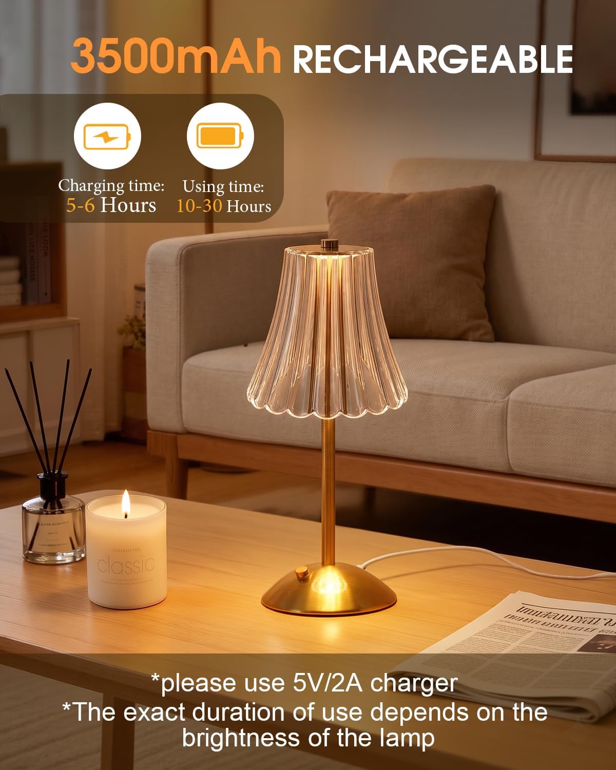 Nusogon Rechargeable Cordless Table Lamp, Gold Touch Crystal Desk Lamp