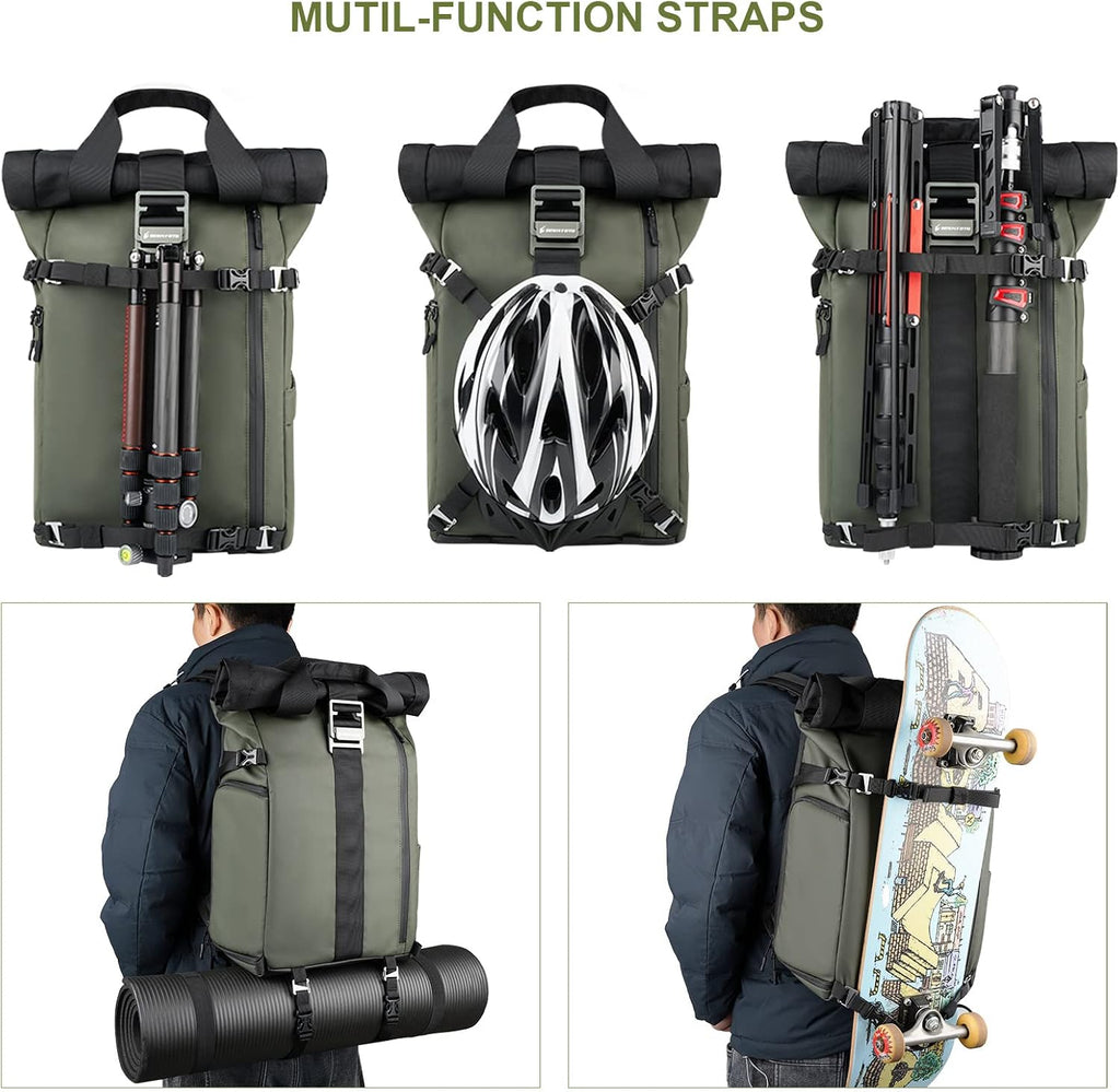 Besnfoto Camera Backpack for Photographer DSLR SLR Waterproof Camera Bag with Laptop Compartment Tripod Holder Roll Top Photographer Case for Hiking Traveling